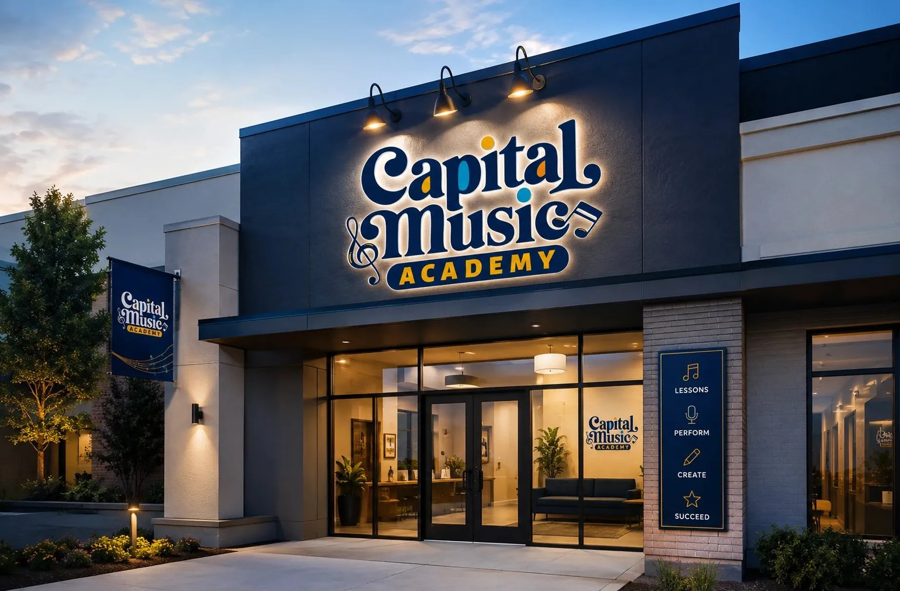 Capital Music Academy logo on the school storefront