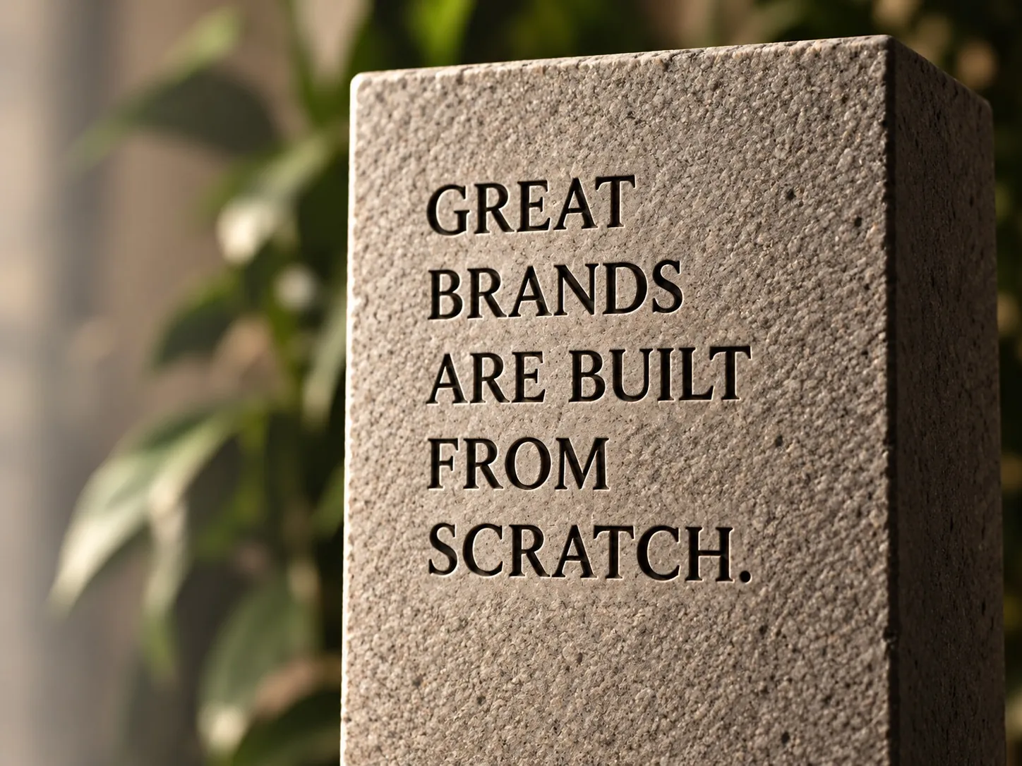Stone block engraved with Great Brands Are Built From Scratch