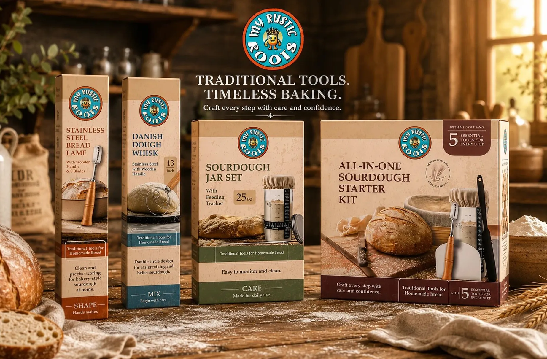 My Rustic Roots sourdough baking kit packaging