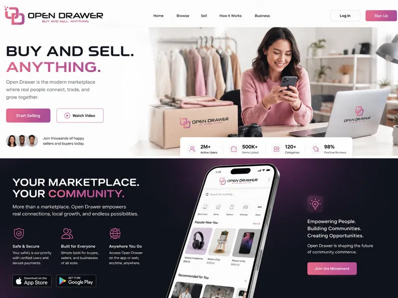 Open Drawer marketplace website and app screens