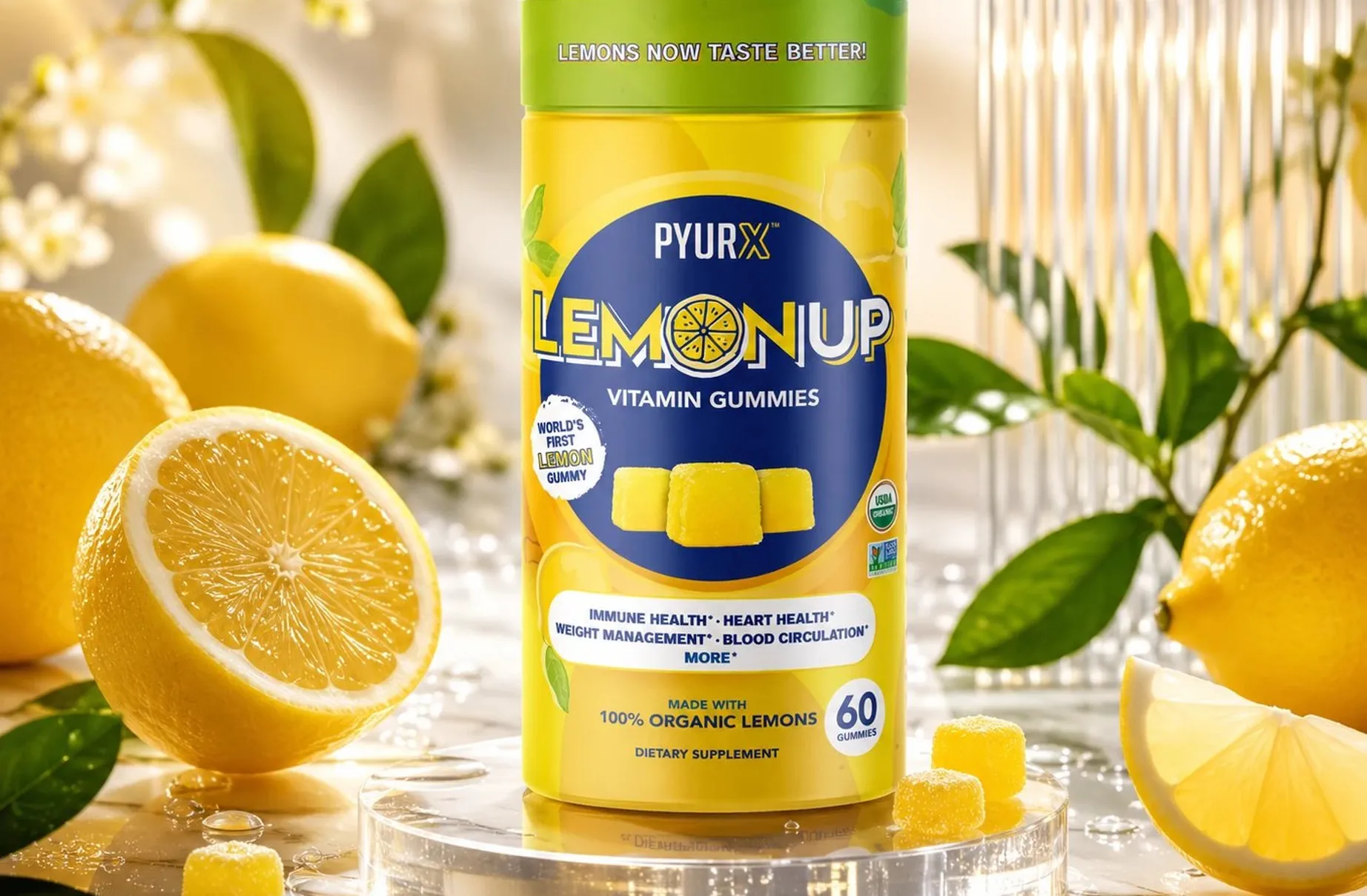 PyurX LemonUp vitamin gummies jar with fresh lemons