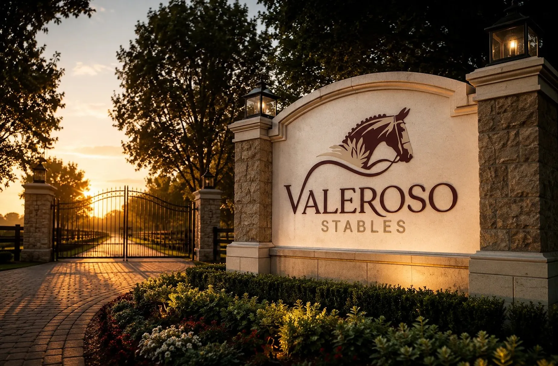 Valeroso Stables crest on the estate entrance monument